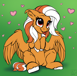 Size: 3201x3158 | Tagged: safe, artist:airfly-pony, imported from derpibooru, oc, oc only, oc:sweet cream, pegasus, pony, :p, cute, female, heart, shy, sitting, tongue out