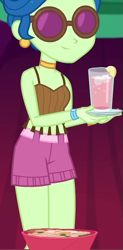 Size: 423x863 | Tagged: safe, imported from derpibooru, screencap, laurel jade, equestria girls, equestria girls series, sunset's backstage pass!, spoiler:eqg series (season 2), belt, beverage, bowl, clothes, collar, cropped, drink, food, glasses, hut, legs, lemon, midriff, plate, shirt, shorts, sleeveless, smiling, solo, tassels, wristband