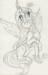 Size: 2222x3500 | Tagged: safe, artist:airfly-pony, imported from derpibooru, queen chrysalis, changeling, changeling queen, cute, cutealis, female, heart, sitting, solo, traditional art