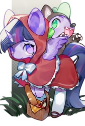 Size: 692x1024 | Tagged: safe, artist:kura, artist:puzi, imported from derpibooru, spike, twilight sparkle, alicorn, dragon, pony, animal costume, apple, baguette, basket, bread, clothes, cosplay, costume, crossover, cute, duo, female, food, little red riding hood, male, mare, no pupils, open mouth, spikabetes, twiabetes, twilight sparkle (alicorn), wolf costume