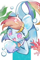 Size: 692x1024 | Tagged: safe, artist:kura, artist:puzi, imported from derpibooru, rainbow dash, merpony, pony, seapony (g4), bubble, coral, cute, dashabetes, female, fish tail, jewelry, necklace, no pupils, open mouth, open smile, pearl necklace, seaponified, seapony rainbow dash, seashell, seashell necklace, seaweed, smiling, solo, species swap, swimming, tail, the little mermaid, underwater