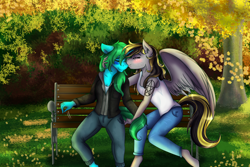 Size: 3000x2000 | Tagged: safe, artist:shamy-crist, imported from derpibooru, oc, oc only, oc:fasty, oc:ink paint, anthro, pegasus, bench, clothes, female, jacket, kissing, leaves, lesbian, mare, pants, shirt, tree