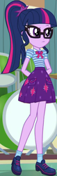 Size: 236x717 | Tagged: safe, imported from derpibooru, screencap, sci-twi, twilight sparkle, equestria girls, equestria girls series, overpowered (equestria girls), band room, bowtie, canterlot high, clothes, collar, cropped, cute, drums, female, geode of telekinesis, glasses, hands behind back, high school, jewelry, magical geodes, musical instrument, pockets, ponytail, raised eyebrow, shirt, shoes, short sleeves, skirt, socks, solo, twiabetes