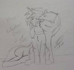 Size: 3024x2857 | Tagged: safe, artist:darthalex70, imported from derpibooru, oc, oc only, oc:cradle, oc:piper, pony, unicorn, blushing, cheek kiss, collar, cork, holiday, horn, horn guard, kiss on the cheek, kissing, traditional art, valentine's day