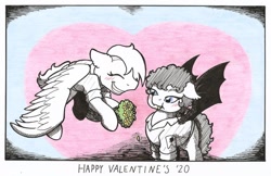 Size: 1280x830 | Tagged: safe, artist:ravenpuff, imported from derpibooru, oc, oc only, oc:clear skies, oc:effect, bat pony, pegasus, pony, bouquet, clothes, female, flower, horses doing horse things, mare, shirt, traditional art