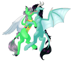 Size: 2872x2380 | Tagged: safe, artist:ohhoneybee, imported from derpibooru, oc, oc only, oc:winter flaze, dracony, dragon, hybrid, pegasus, pony, female, kissing, mare, simple background, transparent background