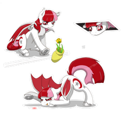 Size: 1280x1181 | Tagged: safe, artist:ravenpuff, imported from derpibooru, oc, oc:lunei, bat pony, pony, bat pony oc, behaving like a cat, ceiling cat, ceiling pony, face down ass up, flower, laser pointer, simple background, transparent background, vase