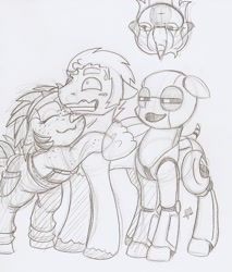 Size: 1019x1197 | Tagged: safe, artist:ravenpuff, imported from derpibooru, oc, oc only, oc:buranku, oc:engel, oc:implode, oc:tinker, pegasus, pony, robot, robot pony, unicorn, roan rpg, hug, monochrome, traditional art, upside down