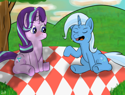 Size: 1680x1280 | Tagged: safe, artist:paw-of-darkness, imported from derpibooru, starlight glimmer, trixie, pony, unicorn, blushing, dappled sunlight, female, heart eyes, lesbian, picnic, picnic blanket, shipping, sitting, startrix, tree, wingding eyes