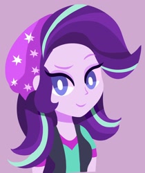 Size: 1600x1901 | Tagged: safe, artist:mearinne, imported from derpibooru, starlight glimmer, equestria girls, mirror magic, spoiler:eqg specials, beanie, eyelashes, female, hat, looking at you, pink background, raised eyebrow, simple background, simplistic art style, smiling, smirk, solo