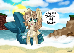 Size: 1208x866 | Tagged: safe, artist:bubble-trouble-owo, imported from derpibooru, oc, oc only, oc:bubbles, merpony, unicorn, beach, female, solo