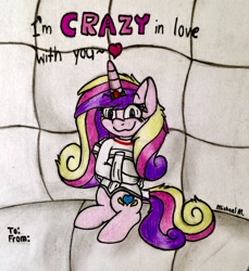 Size: 2034x2219 | Tagged: safe, artist:michaelmaddox222, imported from derpibooru, princess cadance, alicorn, pony, bondage, colored, female, horn, horn ring, insanity, looking at you, magic suppression, padded cell, pencil drawing, princess yandance, restrained, signature, solo, straitjacket, traditional art, valentine's day card