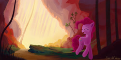 Size: 3000x1500 | Tagged: safe, artist:emeraldgalaxy, imported from derpibooru, pinkie pie, earth pony, pony, digital art, eyes closed, female, mare, scenery, smiling, solo, tree, trotting