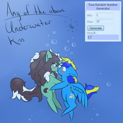 Size: 500x500 | Tagged: safe, artist:kaggy009, imported from derpibooru, oc, oc only, oc:peppermint pattie (unicorn), pegasus, pony, unicorn, ask peppermint pattie, female, kissing, mare, underwater