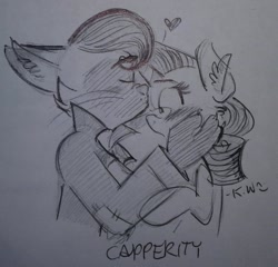 Size: 1280x1229 | Tagged: safe, artist:somechickwhodraws, imported from derpibooru, capper dapperpaws, rarity, blushing, capperity, cute, ear fluff, female, forehead kiss, kissing, male, monochrome, shipping, sketch, straight, traditional art