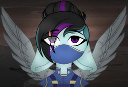 Size: 1313x900 | Tagged: safe, artist:starchildtm, deleted from derpibooru, imported from derpibooru, oc, oc:rosalina skies, pegasus, pony, bangs, blind in one eye, fake wings, mask, scar, solo, war