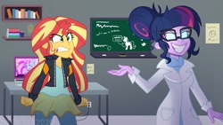 Size: 1280x720 | Tagged: safe, artist:wubcakeva, imported from derpibooru, kiwi lollipop, sci-twi, sunset shimmer, supernova zap, twilight sparkle, human, equestria girls, angry, chalkboard, clothes, computer, duo, duo focus, grin, jacket, k-lo, lab coat, laboratory, laptop computer, midnight sparkle, pants, postcrush, redraw, smiling, story in the comments, su-z