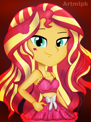 Size: 1536x2048 | Tagged: safe, artist:artmlpk, imported from derpibooru, sunset shimmer, equestria girls, adorable face, adorkable, bare shoulders, belly button, bow, chest, clothes, cute, dork, dress, female, holiday, looking at you, midriff, miniskirt, outfit, shimmerbetes, skirt, smiling, smiling at you, smirk, solo, valentine, valentine's day