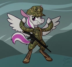 Size: 1024x953 | Tagged: safe, artist:enma-darei, imported from derpibooru, oc, oc only, pegasus, pony, assault rifle, boots, camouflage, grin, gun, hat, m16a4, marine, marpat woodland, military uniform, rifle, shoes, smiling, solo, weapon