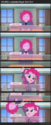 Size: 1280x3122 | Tagged: safe, artist:armredwings, artist:bredgroup, artist:sirvalter, imported from derpibooru, pinkie pie, comic:eg rpg lootbattle royal, equestria girls, breaking the fourth wall, clothes, comic, crossover, doki doki literature club, lego, monika, pinkie monika, school uniform, this will end in a fight