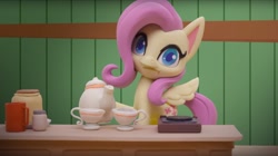 Size: 1673x935 | Tagged: safe, imported from derpibooru, screencap, fluttershy, pegasus, pony, my little pony: pony life, my little pony: stop motion short, valentine's day card (short), :i, cup, female, food, g4.5, mare, solo, stop motion, tea, teacup, teapot