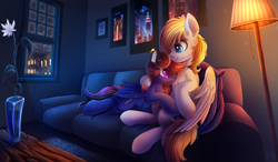 Size: 4290x2500 | Tagged: safe, artist:atlas-66, imported from derpibooru, oc, oc only, oc:sketch, oc:wholeheart, pegasus, pony, city, crystaller building, female, flower, hug, lamp, living room, love, male, manehattan, mare, night, room, shipping, stallion, straight, vase, window, winter