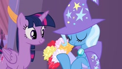 Size: 1280x720 | Tagged: safe, artist:themexicanpunisher, edit, edited screencap, imported from derpibooru, screencap, trixie, twilight sparkle, alicorn, pony, the summer sun setback, bouquet, female, flower, hearts and hooves day, holiday, lesbian, shipping, twilight sparkle (alicorn), twixie, valentine's day