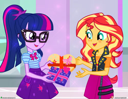 Size: 2000x1545 | Tagged: safe, artist:dieart77, imported from derpibooru, sci-twi, sunset shimmer, twilight sparkle, equestria girls, blushing, box of chocolates, clothes, commission, duo, female, geode of telekinesis, glasses, holiday, jacket, leather jacket, lesbian, magical geodes, open mouth, ponytail, scitwishimmer, shipping, skirt, sunsetsparkle, valentine's day