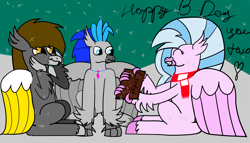 Size: 5830x3330 | Tagged: safe, artist:profyurko, imported from derpibooru, silverstream, oc, oc:messier, oc:yutaka deo, hippogriff, banana wings, clothes, cute, diastreamies, hippogriff oc, scarf, simple background