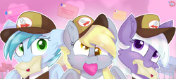 Size: 2189x988 | Tagged: safe, artist:rainbow eevee, imported from derpibooru, appointed rounds, derpy hooves, rainy day, pegasus, pony, adorable face, blushing, cap, clothes, cute, derpabetes, envelope, eyelashes, female, green eyes, hat, heart, holiday, lidded eyes, looking at you, mail, mailbox, mailmare, mailpony, mouth hold, pink background, purple eyes, simple background, smiling, smiling at you, valentine's day, yellow eyes