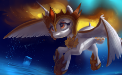 Size: 4400x2700 | Tagged: safe, artist:auroriia, imported from derpibooru, daybreaker, alicorn, pony, a royal problem, absurd resolution, bubble, crown, female, helmet, high res, hoof shoes, horn, jewelry, mare, regalia, solo, spread wings, underwater, water, wings