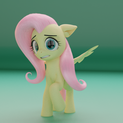 Size: 1280x1280 | Tagged: safe, artist:acrylic, artist:neuronexyt, imported from derpibooru, fluttershy, pegasus, pony, 3d, female, floppy ears, gritted teeth, looking at you, mare, model:djthed, nervous, raised hoof, solo, spread wings, standing, three quarter view, wings, worried