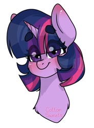 Size: 729x988 | Tagged: safe, artist:cottonsweets, imported from derpibooru, twilight sparkle, pony, beanbrows, blushing, bust, cheek fluff, chest fluff, cute, eye clipping through hair, eyebrows, female, looking at you, mare, portrait, simple background, solo, twiabetes, white background