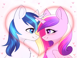 Size: 1924x1465 | Tagged: safe, artist:avrameow, imported from derpibooru, princess cadance, shining armor, alicorn, pony, unicorn, blushing, chest fluff, cute, ear fluff, eye contact, female, heart, holiday, looking at each other, male, mare, profile, shiningcadance, shipping, stallion, straight, valentine's day