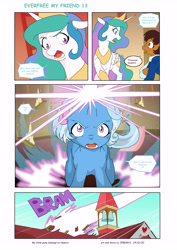 Size: 6197x8760 | Tagged: safe, artist:jeremy3, imported from derpibooru, princess celestia, trixie, oc, oc:miss becky, alicorn, earth pony, pony, comic:everfree, comic:everfree my friend, asking for it, blast, cast, clothes, comic, energy blast, idiot ball, magic, magic beam, magic blast, school