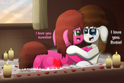 Size: 4300x2880 | Tagged: safe, artist:aarondrawsarts, imported from derpibooru, oc, oc:brain teaser, oc:rose bloom, pony, bath, bathing together, bathtub, bedroom eyes, boop, brainbloom, butt, buttcheeks, candle, chest fluff, cottagecore, couple, dialogue, ear down, female, floppy ears, hearts and hooves day, holiday, mare, noseboop, oc x oc, one ear down, plot, romantic, rose petals, shipping, steam, tail aside, valentine's day, wet mane, wholesome