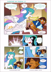 Size: 6197x8760 | Tagged: safe, artist:jeremy3, imported from derpibooru, princess celestia, oc, oc:miss becky, alicorn, earth pony, pony, comic:everfree, comic:everfree my friend, cast, clothes, comic, crying, school