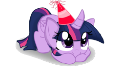 Size: 800x481 | Tagged: safe, artist:wandeh, imported from derpibooru, twilight sparkle, alicorn, pony, cute, eye clipping through hair, female, hat, mare, party hat, prone, simple background, solo, transparent background, twiabetes, twilight sparkle (alicorn)