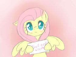 Size: 1024x768 | Tagged: safe, artist:bae-mon, imported from derpibooru, fluttershy, pegasus, pony, blushing, bust, colored pupils, cute, ear down, female, front view, full face view, get well soon, heart, hoof hold, looking at you, mare, note, one ear down, pink background, shyabetes, simple background, smiling, solo, spread wings, wings