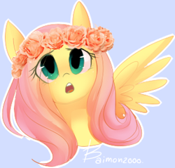 Size: 290x277 | Tagged: safe, artist:bae-mon, imported from derpibooru, fluttershy, pegasus, pony, blue background, bust, cute, eye clipping through hair, female, floral head wreath, flower, front view, full face view, looking up, mare, open mouth, outline, portrait, shyabetes, simple background, solo, spread wings, white outline, wings