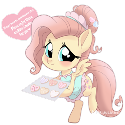 Size: 1024x1024 | Tagged: safe, artist:mimijuliane, imported from derpibooru, fluttershy, pegasus, pony, alternate hairstyle, apron, baking sheet, baking tray, bipedal, blushing, clothes, cookie, cute, daaaaaaaaaaaw, female, food, hair bun, hearts and hooves day, hearts and hooves day cards, holding, holiday, looking at you, mare, outline, shyabetes, simple background, smiling, solo, spread wings, three quarter view, transparent background, valentine's day, weapons-grade cute, white outline, wings