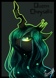 Size: 476x659 | Tagged: safe, artist:bae-mon, imported from derpibooru, queen chrysalis, changeling, changeling queen, bust, crown, female, jewelry, portrait, profile, regalia, solo