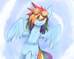 Size: 1366x1100 | Tagged: safe, artist:bae-mon, imported from derpibooru, rainbow dash, pegasus, pony, cloud, cute, dashabetes, eye clipping through hair, female, flying, goggles, hooves to the chest, looking at you, mare, sky, smiling, solo, spread wings, wings