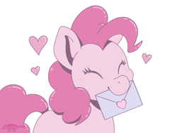 Size: 1024x768 | Tagged: safe, artist:imaplatypus, imported from derpibooru, pinkie pie, earth pony, pony, cute, diapinkes, envelope, eyes closed, female, happy, heart, holiday, letter, mare, mouth hold, simple background, smiling, solo, three quarter view, valentine's day, white background