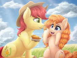 Size: 1024x768 | Tagged: safe, artist:novaintellus, imported from derpibooru, bright mac, pear butter, earth pony, pony, apple, apple pie, brightabetes, brightbutter, cute, female, food, male, mare, mouth hold, pearabetes, picnic, pie, scenery, shipping, sitting, smiling, stallion, straight