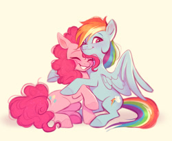 Size: 1432x1174 | Tagged: safe, artist:imalou, imported from derpibooru, pinkie pie, rainbow dash, earth pony, pegasus, pony, female, heart eyes, hug, lesbian, looking at you, mare, pinkiedash, shipping, simple background, smiling, wingding eyes