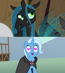 Size: 1280x1436 | Tagged: safe, edit, edited screencap, imported from derpibooru, screencap, lord tirek, queen chrysalis, trixie, frenemies (episode), magic duel, alicorn amulet, female, heart eyes, lesbian, shipping, shipping domino, trixalis, wingding eyes