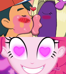 Size: 852x955 | Tagged: safe, artist:thescaletrain, deleted from derpibooru, edit, edited screencap, imported from derpibooru, screencap, pinkie pie, jynx, coinky-dink world, eqg summertime shorts, equestria girls, ash ketchum, blushing, heart eyes, kiss mark, kissing, lipstick, pokémon, wingding eyes