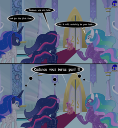 Size: 7680x8308 | Tagged: safe, artist:damlanil, imported from derpibooru, princess cadance, princess celestia, princess luna, twilight sparkle, alicorn, pony, the last problem, bondage, bondage mask, bound wings, catsuit, clothes, comic, commission, eyeshadow, female, gag, gimp suit, gratuitous french, high heels, hood, hoofbump, horn, latex, latex suit, makeup, mare, muzzle gag, older, older twilight, princess twilight 2.0, raised hoof, rubber, shiny, shoes, speech bubble, stained glass, story included, telepathy, thought bubble, throne room, twilight sparkle (alicorn), wings