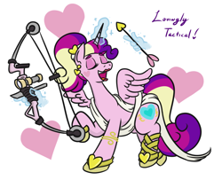 Size: 810x657 | Tagged: safe, artist:jargon scott, imported from derpibooru, princess cadance, alicorn, pony, alternate hairstyle, arrow, clothes, compound bow, cupid, cupidance, eyes closed, female, heart arrow, holiday, lipstick, mare, open mouth, princess of love, solo, this will end in death, this will end in tears, this will end in tears and/or death, toga, valentine's day